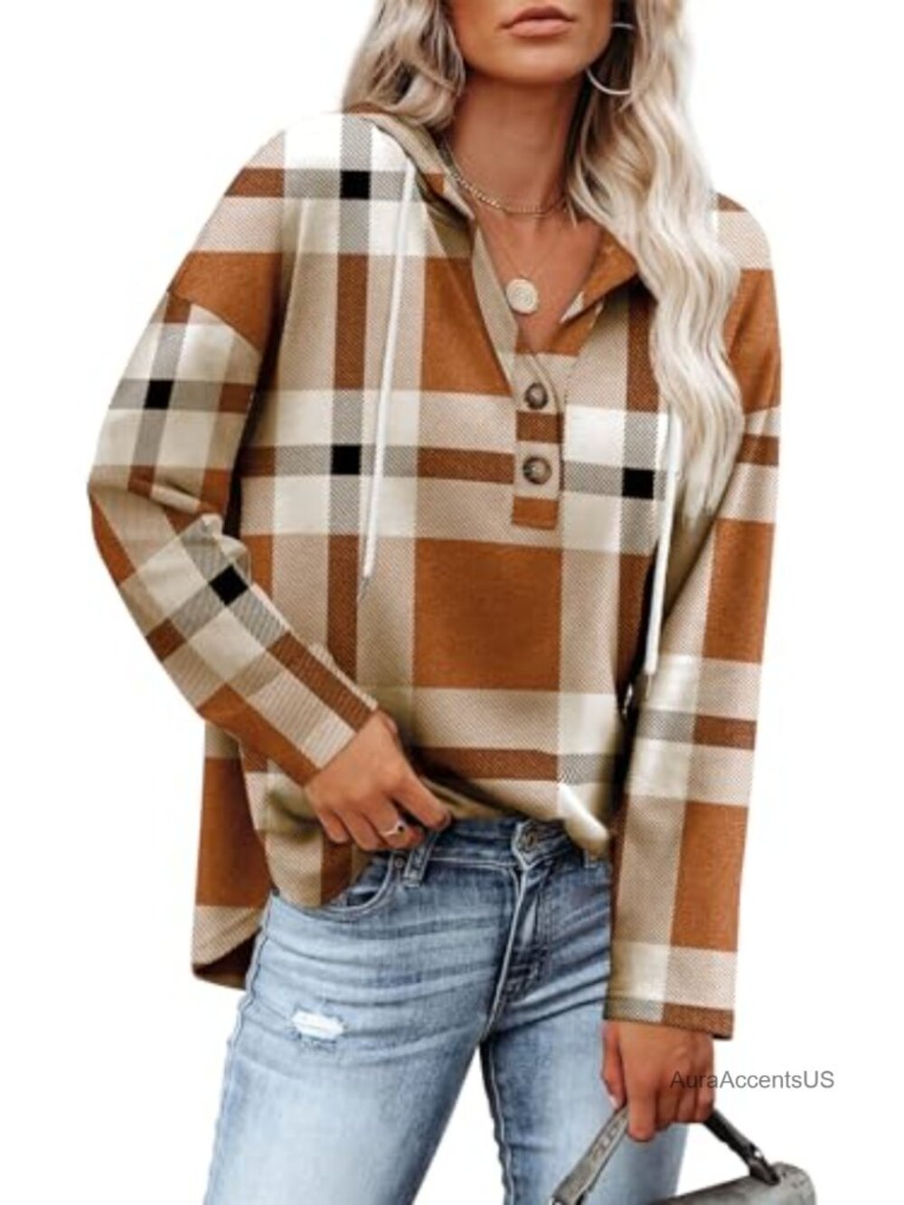 Women's V-Neck Plaid Pullover Sweatshirt Long Sleeve Casual Tunic Tops
